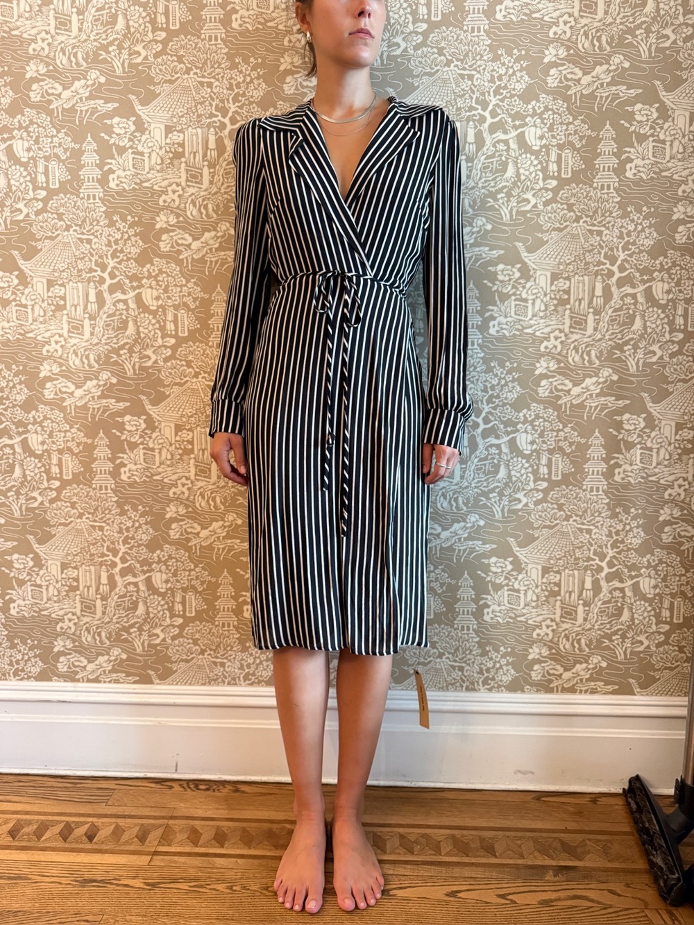 Reformation Black and White Striped Long-Sleeve Wrap Dress